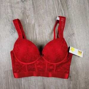 Fame 36C Womens Red Lace Long Line Push Up Bra Underwire Floral Star Bow NWT